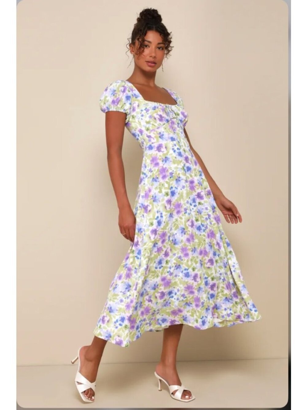 Lulus Flourishing Perfection White Multi Floral Puff Sleeve Midi Dress Size L